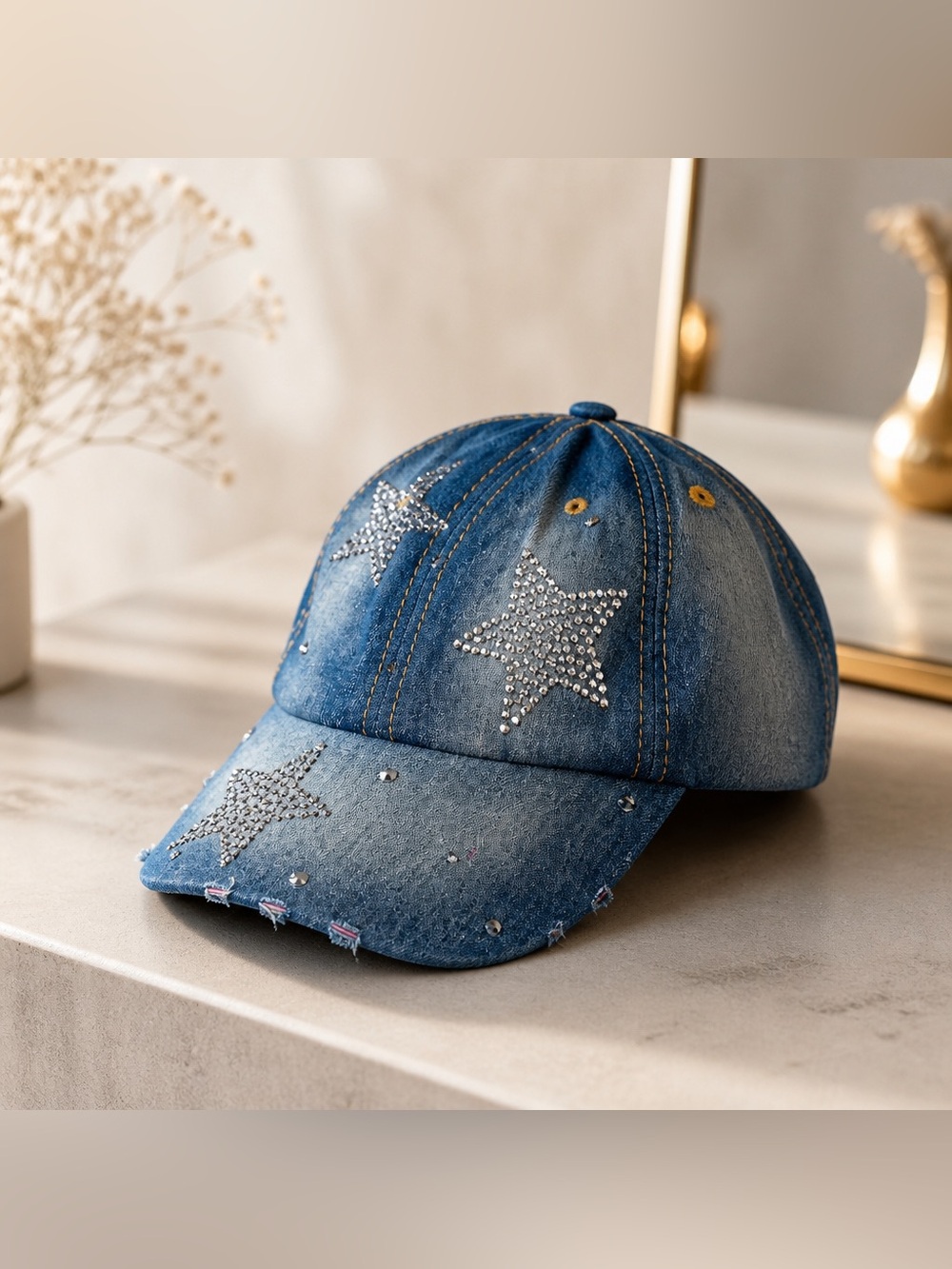 La Valentina Denim Bling Baseball Hat with Silver Stars